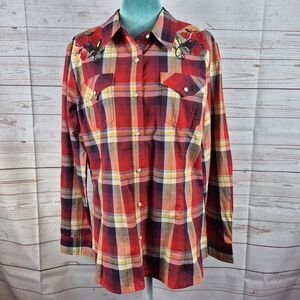 Wrangler Retro Red Plaid Pearl Snap Womens Sz L Embroidery Western Rodeo Cowgirl